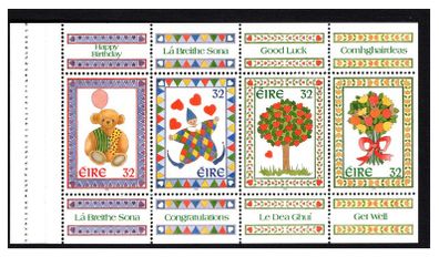 1995 Ireland Greetings Commemorative Stamps Booklet Pane Mint Never Hinged (MNH). Hibernian HP72