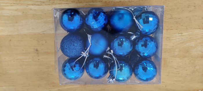 White Christmas Tree + blue Christmas baubles