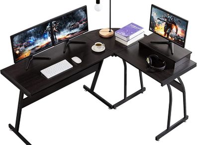 Computer Desk, L-Shaped Large Corner PC Laptop Study Table Workstation Gaming Desk for Home and Office, 148x112x74cm, Wood & Metal