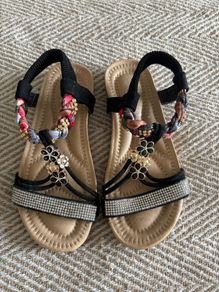 Dressy black summer sandals - sparkly strap / holiday shoes