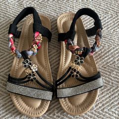 Dressy black summer sandals - sparkly strap / holiday shoes