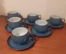 Fabulous Collectable Vintage Set of Six Denby Stoneware Cup and Saucer Duos in the Stunning and Popular Midnight Pattern, Mint Condition