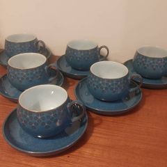 Fabulous Collectable Vintage Set of Six Denby Stoneware Cup and Saucer Duos in the Stunning and Popular Midnight Pattern, Mint Condition
