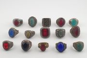 15 Ancient Style Antique Rings Mixed Brass Stone &amp; Glass Collectible Lot