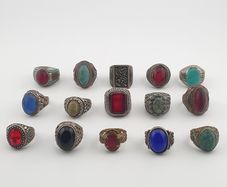 15 Ancient Style Antique Rings Mixed Brass Stone & Glass Collectible Lot