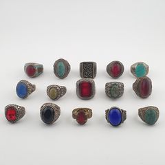 15 Ancient Style Antique Rings Mixed Brass Stone & Glass Collectible Lot