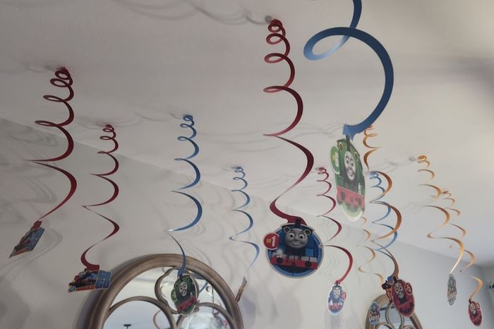 Thomas the Tank Engine Birthday Party - Backdrop + Swirl Decor + Loot Bags