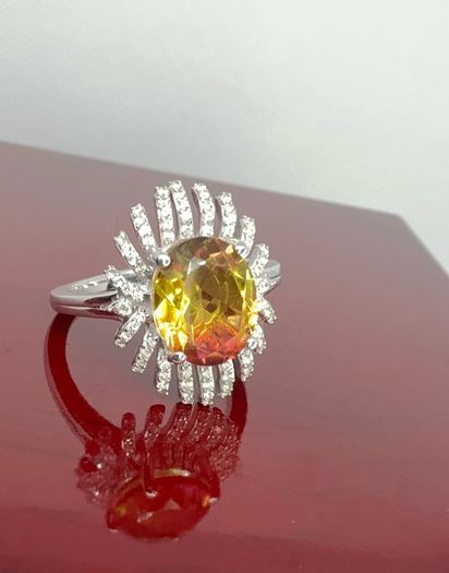Silver Rainbow Genesis Quartz & Zircon "Sunburst" Ring