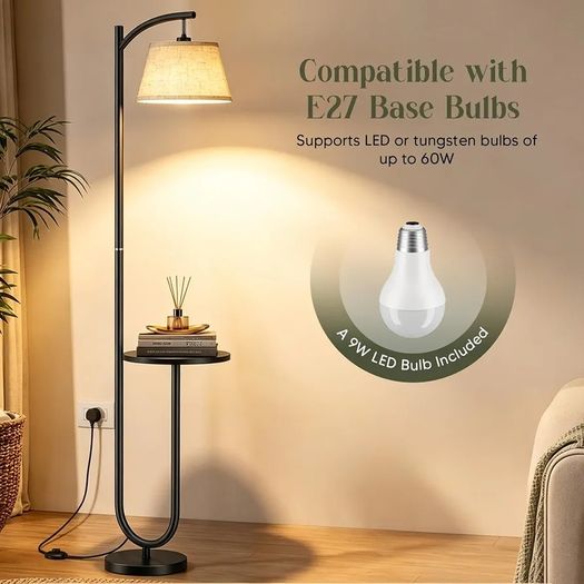 Floor Lamp with Shelf, 160cm, 3 Light Colours, E27 60W Vintage shelf lamp with 120 adjustable head, foot switch, linen shade, E27 up to 60W for home & office