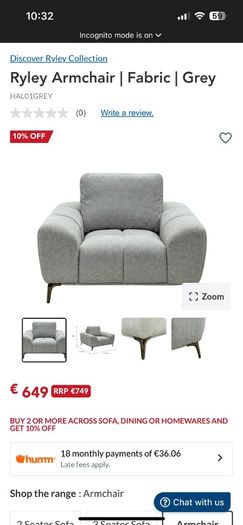 Grey Fabric Armchair Brand New