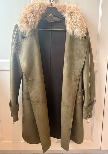 olive green faux-suede double-breasted coat featuring a prominent plush F U R colla