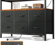 Chest of Drawers Bedroom with 6 Drawers, Fabric Storage Drawers with 2 USB and 2 Sockets, Dresser Suitable for Bedrooms, Living Rooms, Sturdy Storage Dresser with Shelves, Retro Color