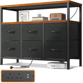 Chest of Drawers Bedroom with 6 Drawers, Fabric Storage Drawers with 2 USB and 2 Sockets, Dresser Suitable for Bedrooms, Living Rooms, Sturdy Storage Dresser with Shelves, Retro Color