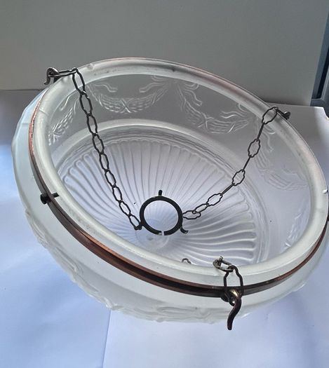 Vintage Art Deco Fluted White Opaque Glass and Copper Ceiling Light