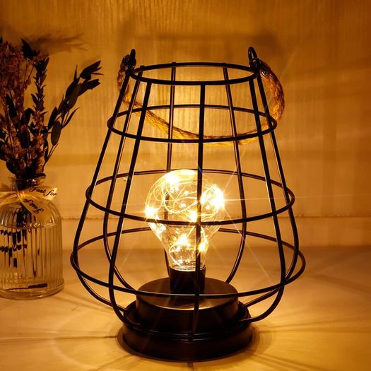 Hanging Battery Lamp, 22cm High Cage Table Lamp Decorative Lamp Battery Powered, Accent Cordless Light Bedside Battery Lamp for Home Living Room Bedroom Kitchen Wedding Home Hallway(Black)