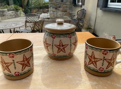 Nicholas  Mosse  Ginger star trio . Storage jar and two large mugs , all first quality and in perfect condition