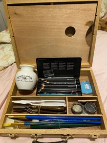 Artists wooden carry case with brushes, pencils and palette