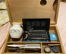 Artists wooden carry case with brushes, pencils and palette