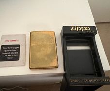 1987 Zippo Solid Brass Lighter with Original Display Stand & Guarantee Card