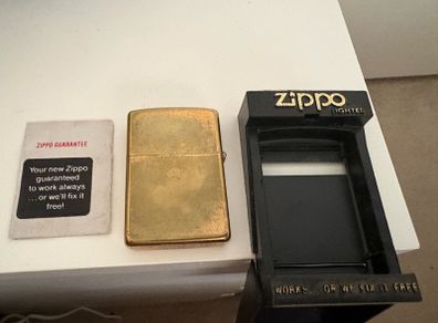 1987 Zippo Solid Brass Lighter with Original Display Stand & Guarantee Card