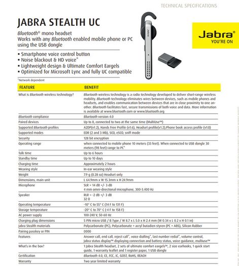 JABRA STEALTH UC Bluetooth mono headset