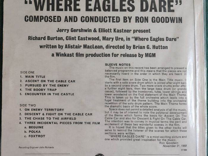 Ron Goodwin - Where Eagles Dare Original Motion Picture Score Vinyl LP (1969) UK 1st Pressing Soundtrack Score EX+