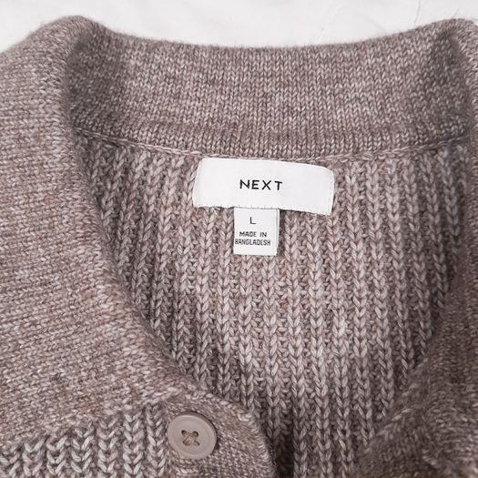 Next Taupe Mushroom Brown Ribbed Button Collar Polo Knit Jumper Mens Size L