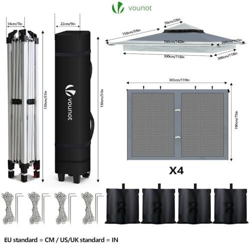 3.6m x 3.6m Pop Up Gazebo with Mesh Sides, Garden Double Roof Marquee Party Tent with Leg Weights & Roller Bag, Grey
