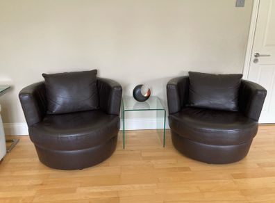 2 Natuzzi Ital brown leather bucket armchairs with removable cushions
