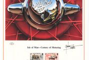 1985 Isle of Man Limited Edition Lithographed Print measuring 333mm X 257mm showing Centenary of Motoring Commemorative Stamp with First Day of Issue Cancel
