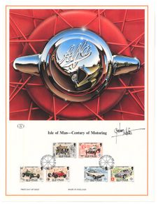 1985 Isle of Man Limited Edition Lithographed Print measuring 333mm X 257mm showing Centenary of Motoring Commemorative Stamp with First Day of Issue Cancel
