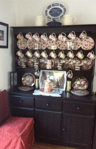 Large Black  Vintage Welsh Dresser With Rose China