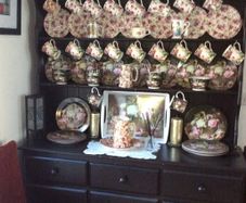 Large Black  Vintage Welsh Dresser With Rose China