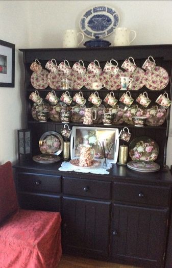 Large Black  Vintage Welsh Dresser With Rose China