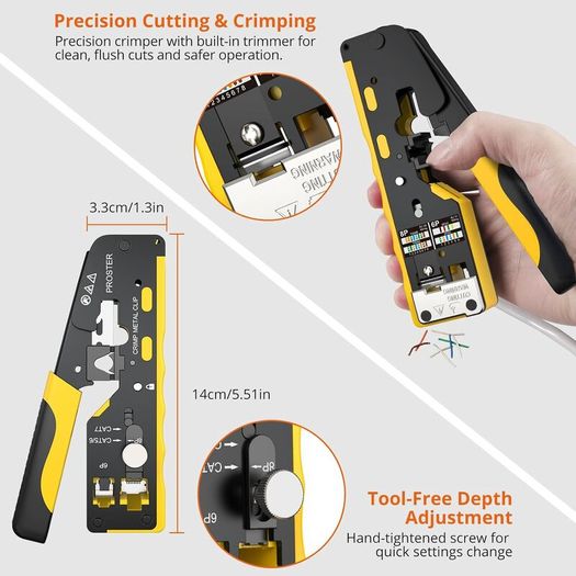 RJ45 Crimp Tool - 3 in 1 Pass Through Ethernet Crimping Tool Kit with 20PCS CAT7 Gold-Plated Copper Shielded Connectors & 20PCS Protection Covers for 8P CAT5 Cat6 CAT7 & 6P RJ11 RJ12