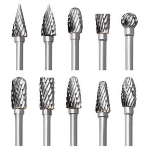 Carbide Rotary Burr Set, 10 pcs Double Cut Tungsten Steel Dremel Rotary Tool Bits with 3mm (1/8 inch) Shank, Die Grinder Bits for DIY Woodworking Carving, Drilling, Engraving, Metal Polishing