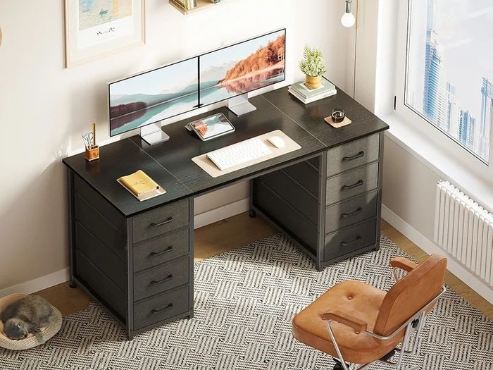 Computer Desk with 8 Fabric Drawers, Office Desk with Storage 120 x 48 cm Black Home Office Desk, PC Study Desk for Bedroom and Living Room Compact Work Table with More Storage Space