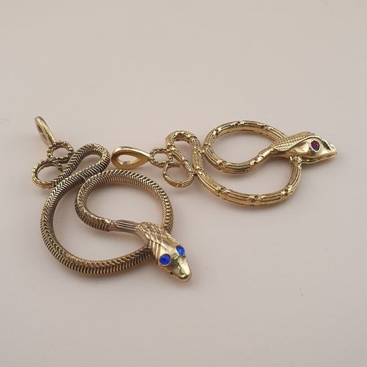 Vintage Lot of 2 Snake with Blue & Red Eyes Brass Pendant 65.5mm