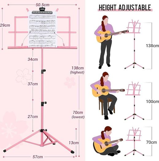 Sheet Music Stand Metal Portable with Carrying Bag, Sheet Music Folder, Projector Stand, Portable Podium Stand, Laptop Stand Pink