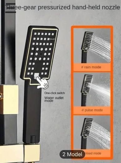 Luxury Black & Golden Square Shower Head Set - Wall-Mounted, Full Copper with Extended Pole, 4 Adjustable Settings for Ultimate Bathing Experience , brand new