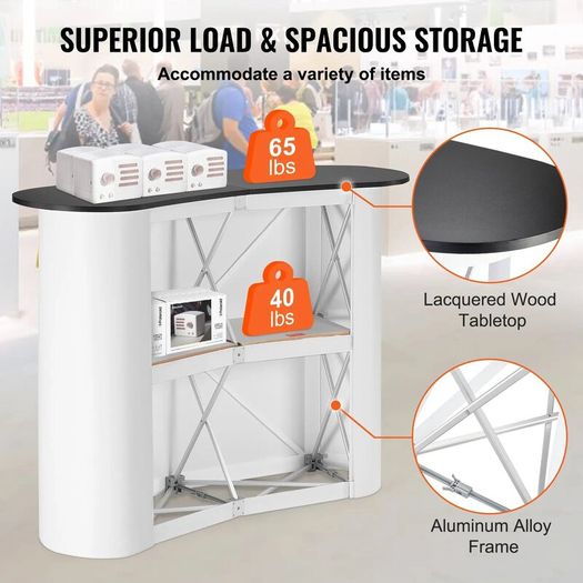 Portable Tradeshow Podium Table, 130 x 46,5 x 95 cm, Display Exhibition Counter Stand Booth Fair with Wall, Foldable Promotion Retail Bar Table Pop Up Podium with Storage Rack, Carrying Bag