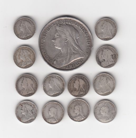G.B. 1 x Victorian Crown 92.5% Silver Coin &12 x 3d, 92.5% Silver Coins,  ( no.G 40)