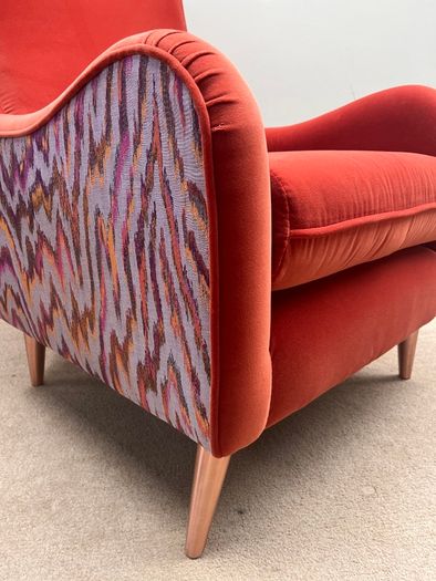Benburb Lounge Chair in Vibrant Coral Velvet with Abstract Ikat Back