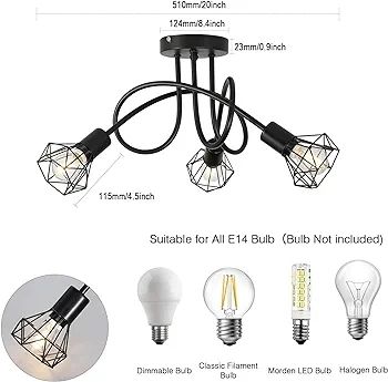 Industrial 3 Way Ceiling Light Chandelier Semi-Flush Mount E14 Base Black Metal Caged 3 Lights Ceiling Light Fixture for Bedroom Living Dining Room Hallway(Bulbs not Include)