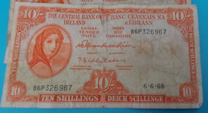 Irish 1966 &68 X 5 Lavery ten shilling banknote in used condition