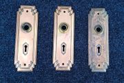 3 vintage solid brass copper finish door knob plates feature an Art Deco design with a stepped borders