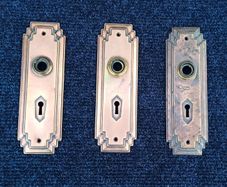 3 vintage solid brass copper finish door knob plates feature an Art Deco design with a stepped borders