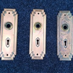 3 vintage solid brass copper finish door knob plates feature an Art Deco design with a stepped borders