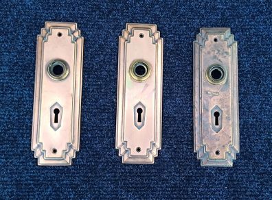 3 vintage solid brass copper finish door knob plates feature an Art Deco design with a stepped borders