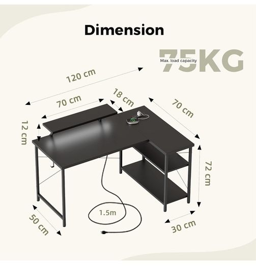 Small L-Shaped Desk with LED, 120x70cm Computer Desk with Monitor Stand